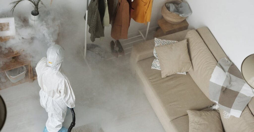 専門業者が家の屋根裏を調査し、ハクビシン駆除作業を丁寧に進めている様子